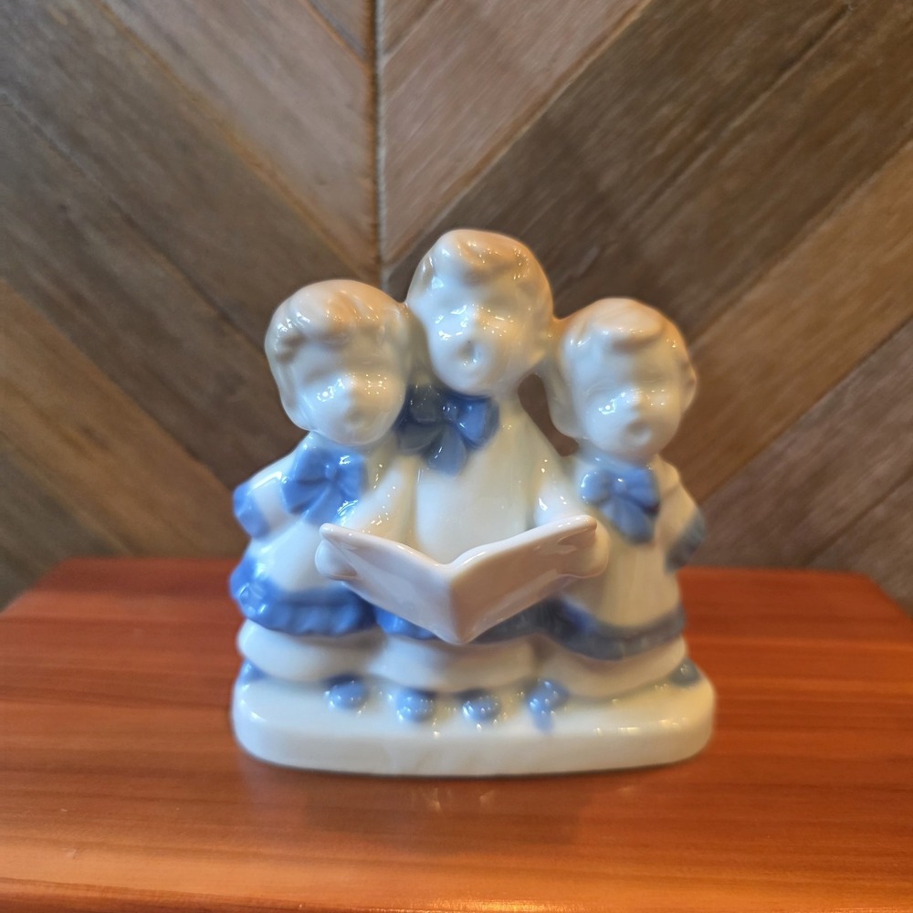 Choir Boys Figurine Candle Holder Blue White Ceramic Home Decor 3.5" x 3.5"